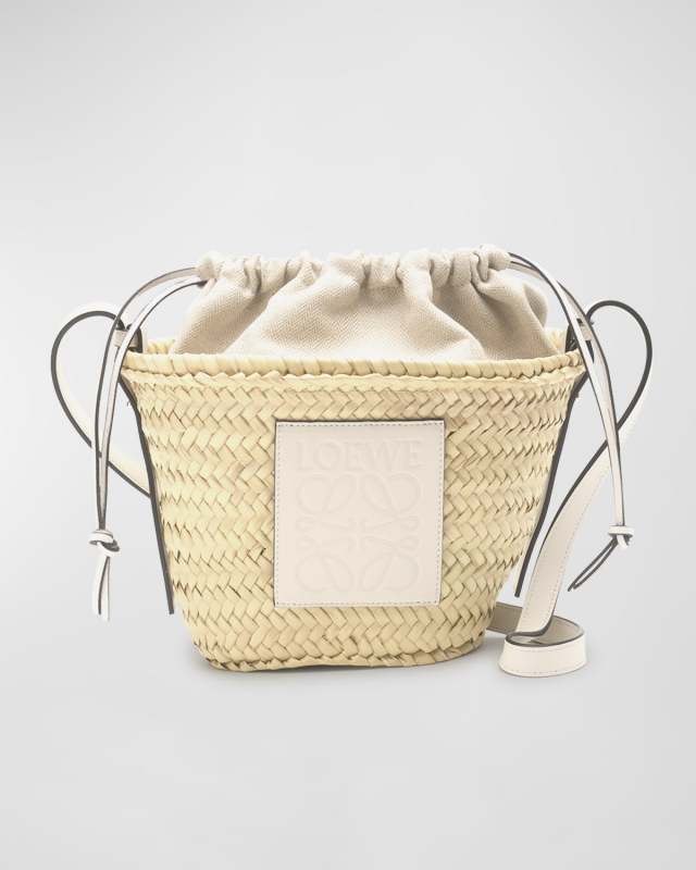 x Paula's Ibiza Basket Bucket Bag in Palm Leaf with Drawstring Pouch and Leather Strap